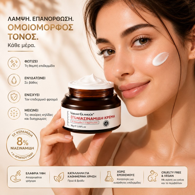 Κρέμα προσώπου με 8% Νιασιναμίδη, Arbutin και Ceramides για λιπαρότητα, πόρους και πανάδες.