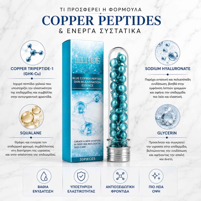 Κάψουλες ορού με Blue Copper Peptides και υαλουρονικό οξύ για σύσφιξη, αναγέννηση και ελαστικότητα της επιδερμίδας