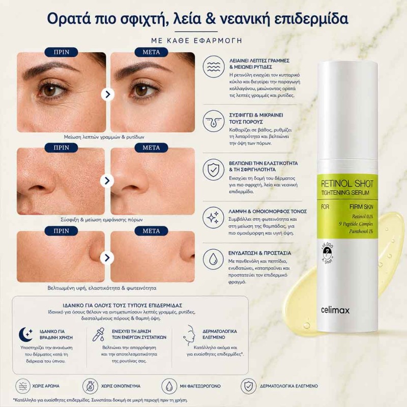 Celimax Retinol Shot Serum 0,1% σε γυάλινο μπουκάλι για περιποίηση προσώπου με ρετινόλη, πεπτίδια και πανθενόλη