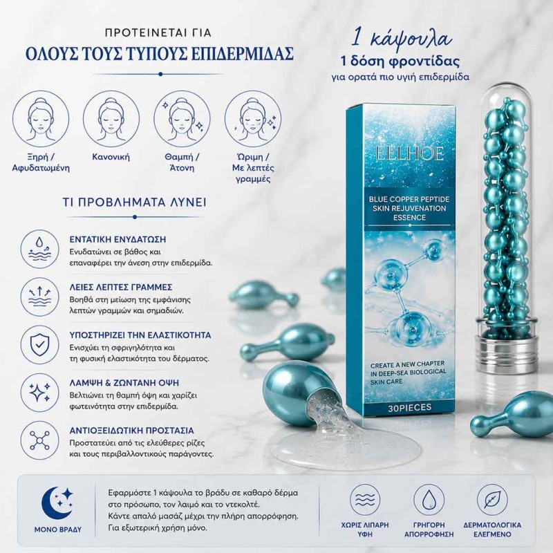 Κάψουλες ορού με Blue Copper Peptides και υαλουρονικό οξύ για σύσφιξη, αναγέννηση και ελαστικότητα της επιδερμίδας