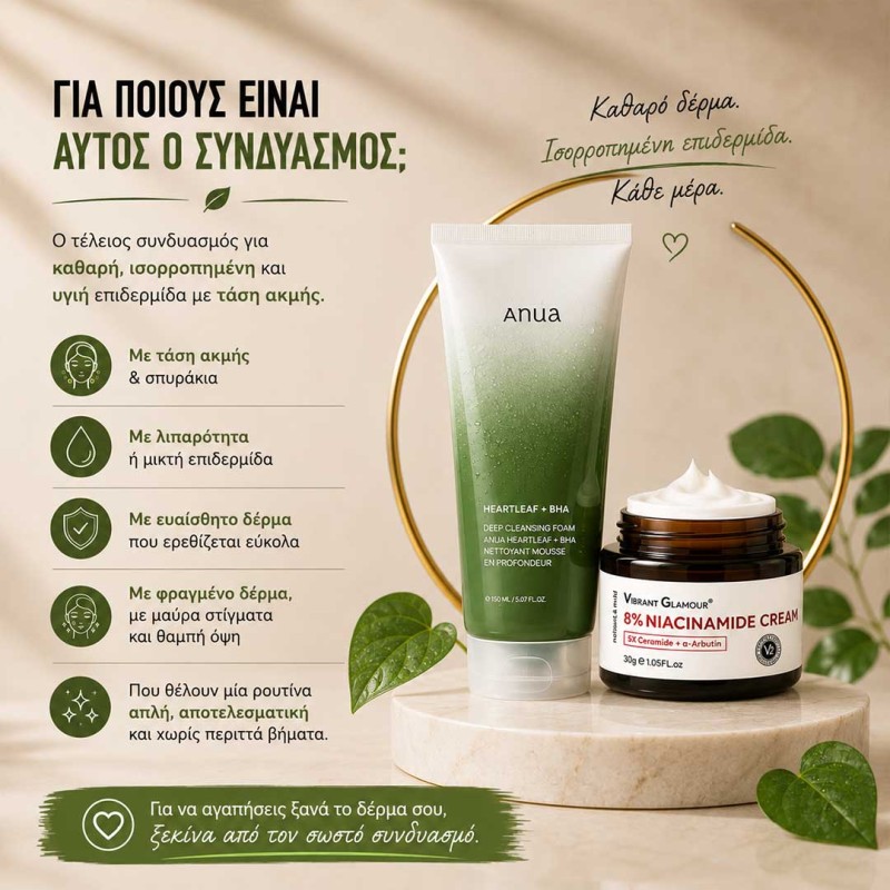Combo κατά της ακμής με καθαριστικό Anua Heartleaf BHA και κρέμα νιασιναμίδης