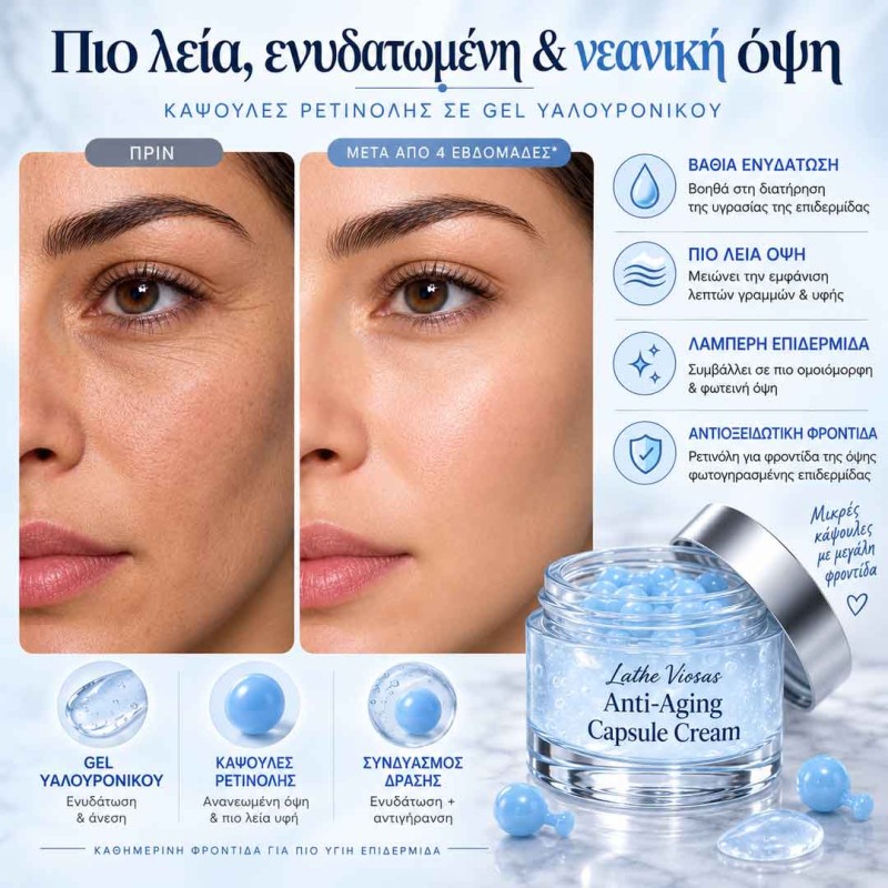 Capsule κρέμα ρετινόλης με αντιοξειδωτικά για ρυτίδες, αντιγήρανση, ελαστικότητα και ανανέωση της επιδερμίδας