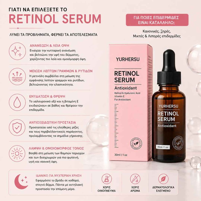 Retinol Serum 0.1% με Υαλουρονικό Οξύ, Βιταμίνη Ε και Πεπτίδια Χαλκού για Ρυτίδες και Αντιγήρανση