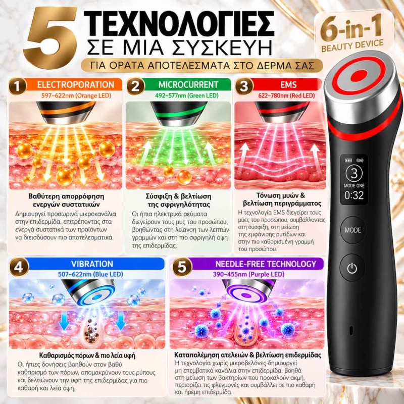 6-in-1 LED Microcurrent Device – Συσκευή Σύσφιξης & Lifting Προσώπου
